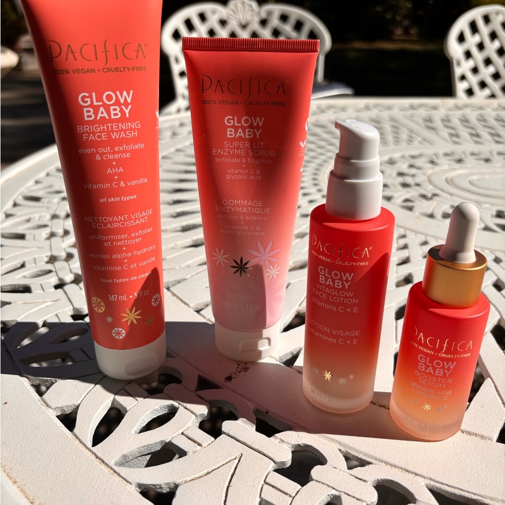 Pacifica Glow Baby skincare lot FaceWash Enzyme Scrub Serum Lotion 4 items.